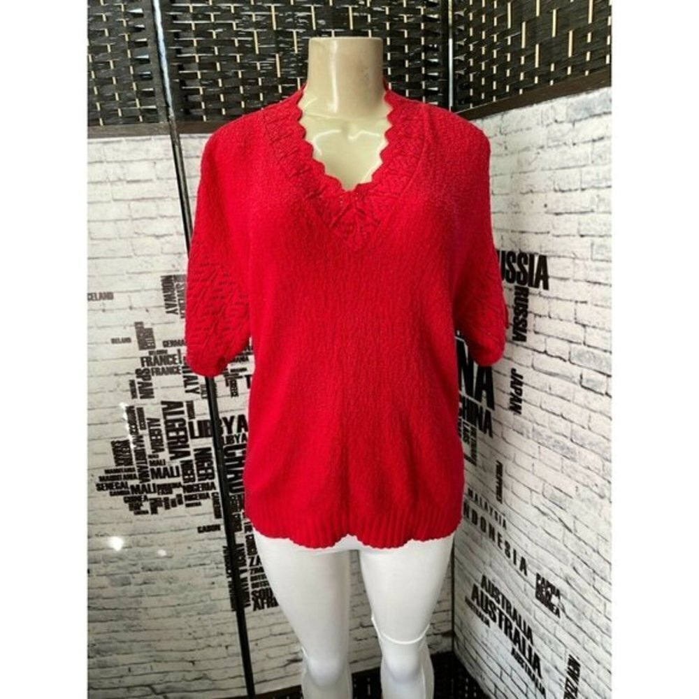 College Point L Red Vintage Textured Cotton Crochet Trim Half Sleeve Sweater